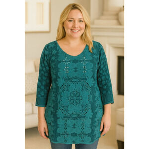 Johnny Was Teal Green Shirt Tunic XL Heavily Embroidered Christina Style Eyelets